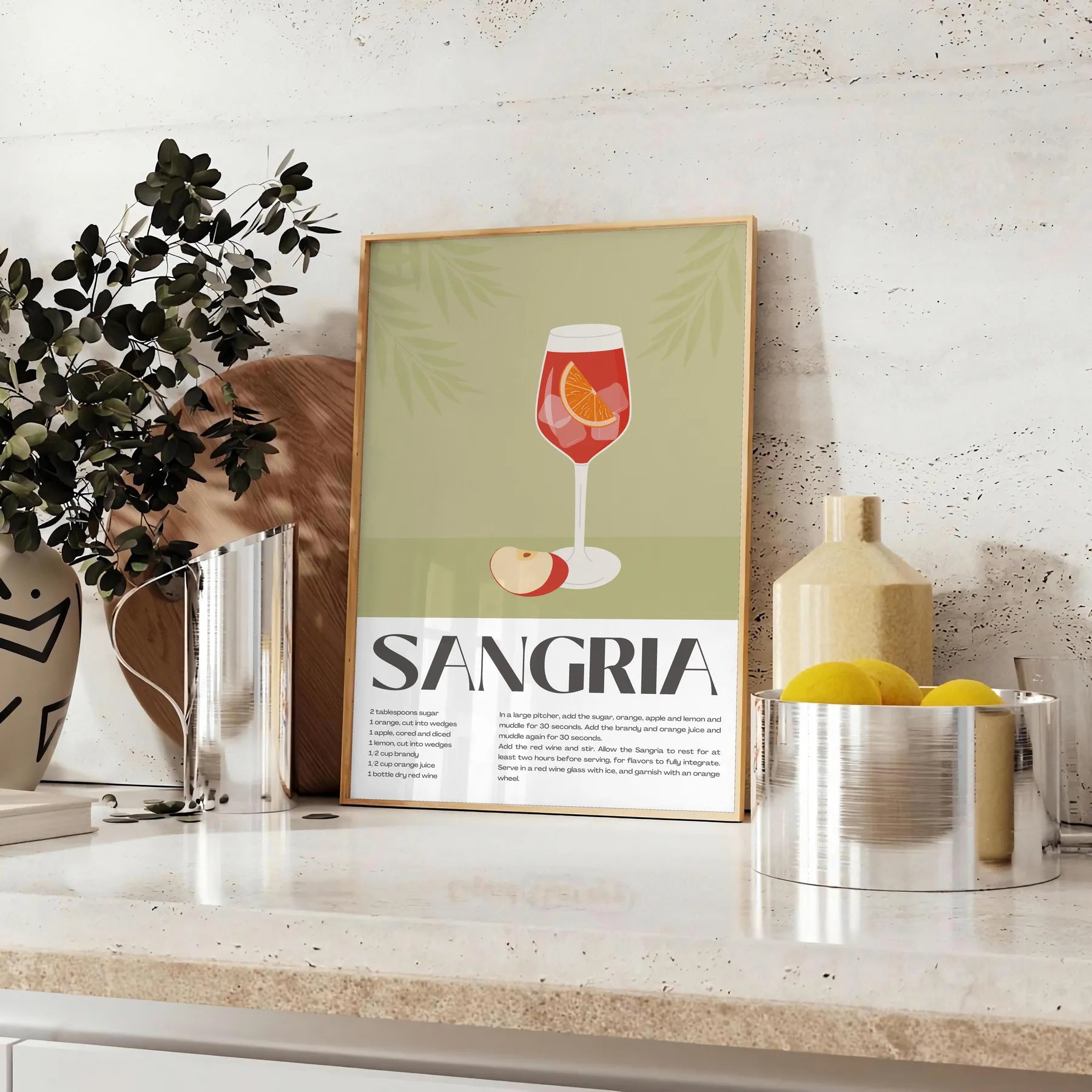 space vibrant Cocktail Sangria Art Poster lush green orange hues unique wall thoughtful gift stunning print touch elegance room sleek frame one