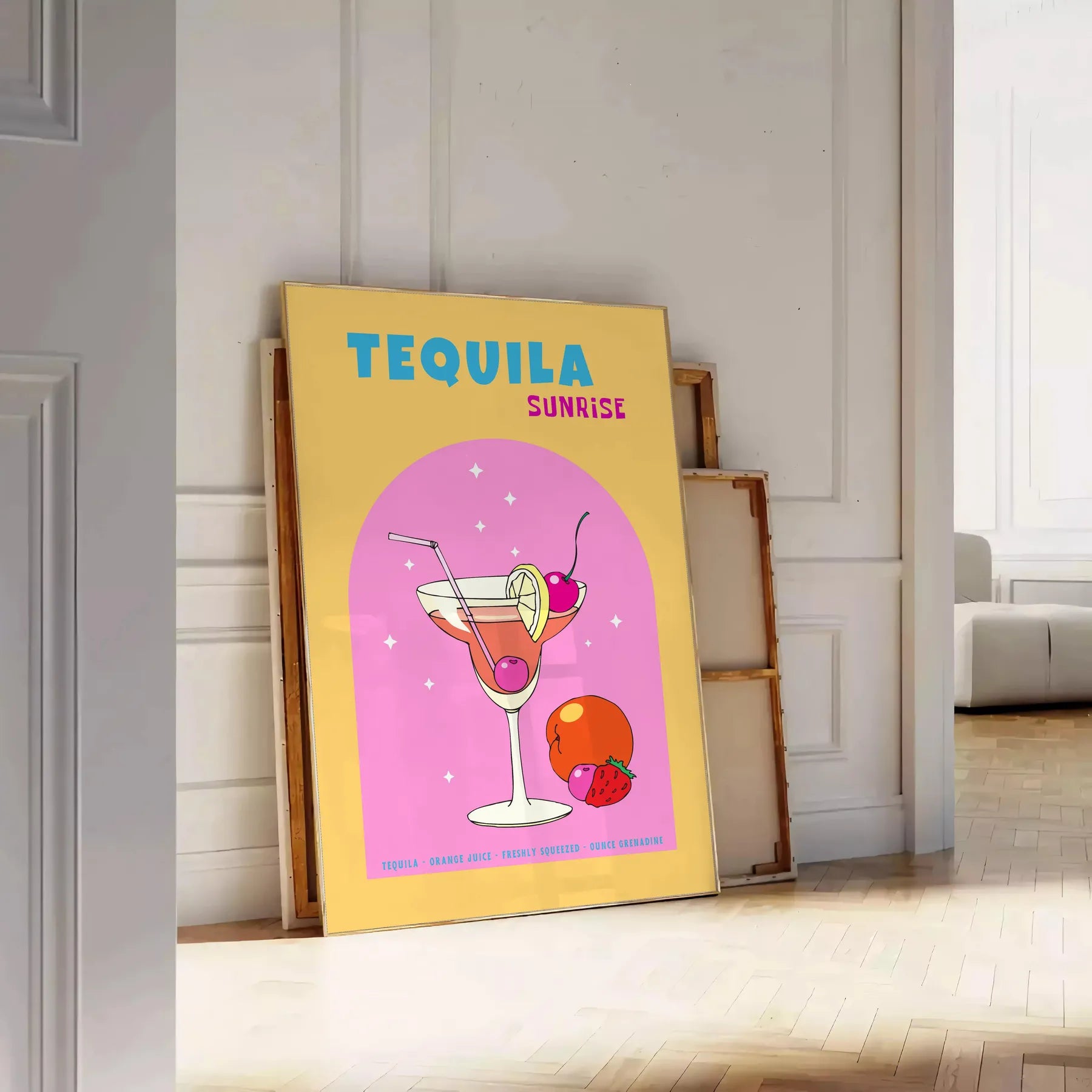 space vibrant Tequila Sunrise cocktail poster stunning blend yellow orange hues eye wall art perfect splash color room lovers unique gift idea options available