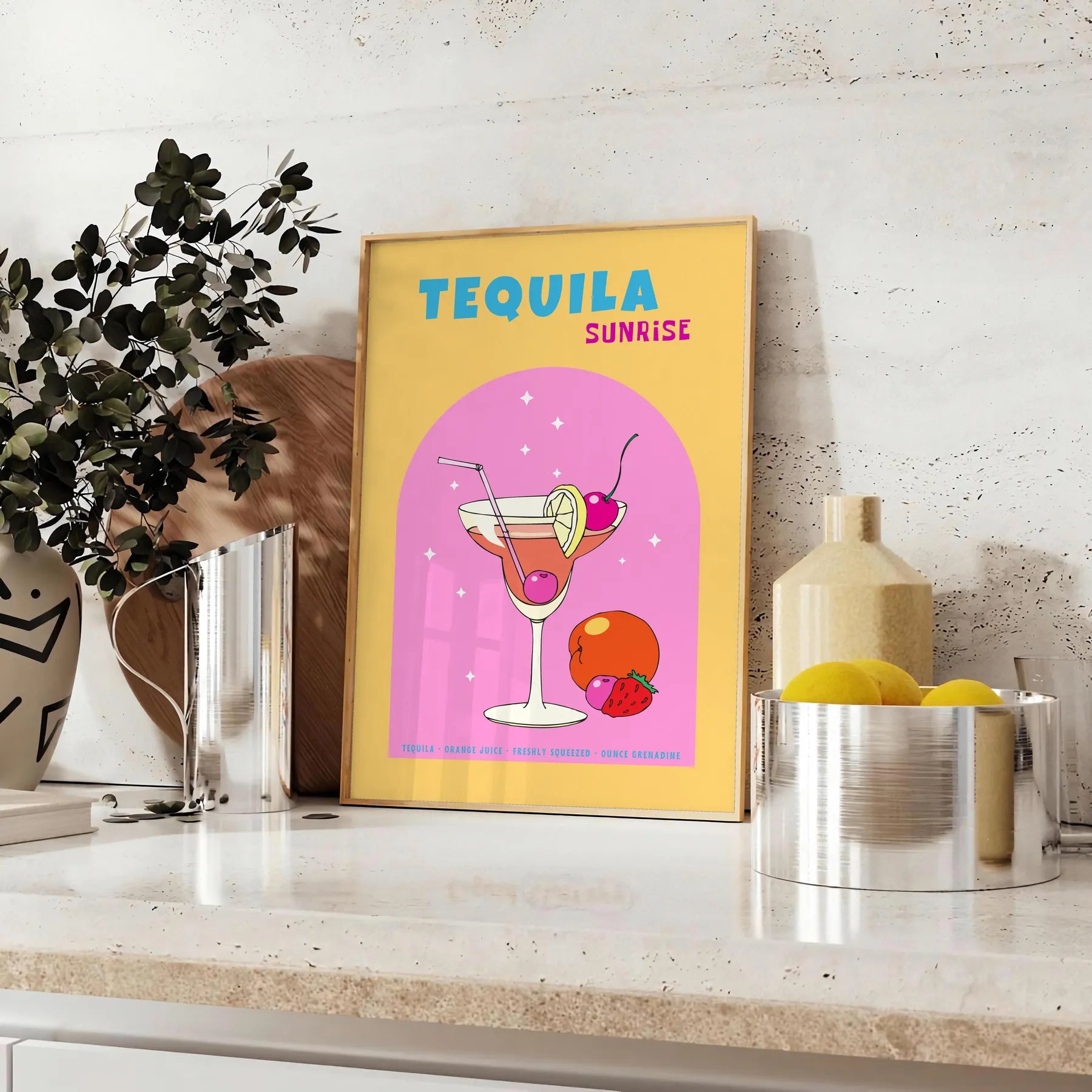 space vibrant Tequila Sunrise cocktail poster stunning blend yellow orange hues eye wall art perfect splash color room lovers unique gift idea options available