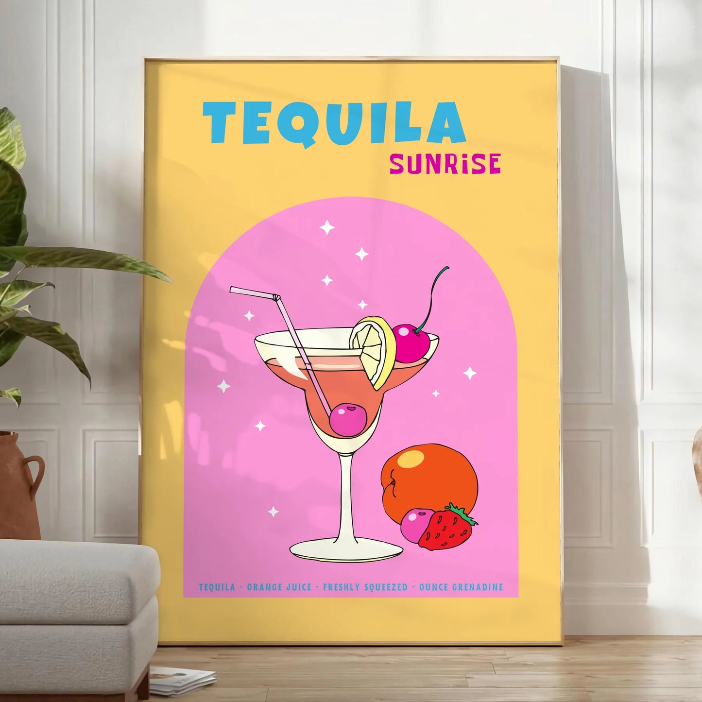 space vibrant Tequila Sunrise cocktail poster stunning blend yellow orange hues eye wall art perfect splash color room lovers unique gift idea options available