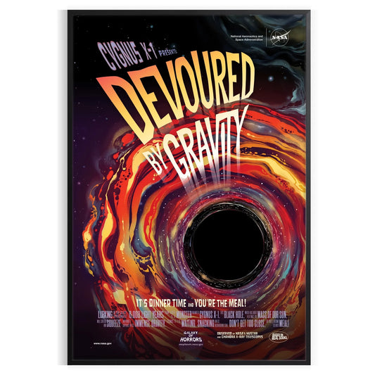 mesmerizing Devoured Gravity poster artful blend black orange tones allure cosmic travel wall art enthusiasts unique gift captivating print depth space frame