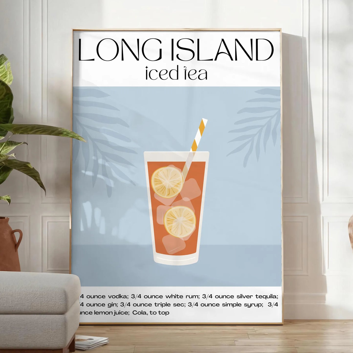 decor stunning Long Island Cocktail poster vibrant orange accents sleek black background eye artwork perfect gift wall art unframed options ideal print space